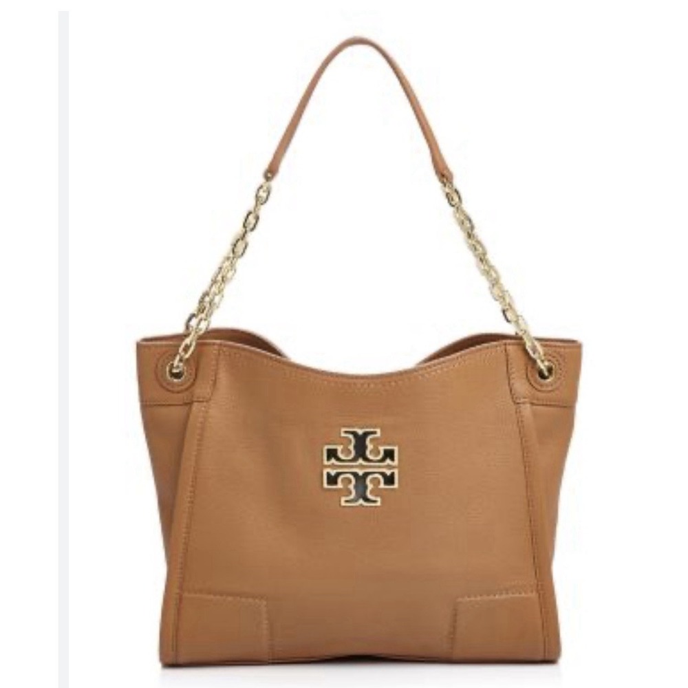 Tory Burch Britten Bark Tan Pebbled Leather Small Slouchy Chain Tote Bag 445$